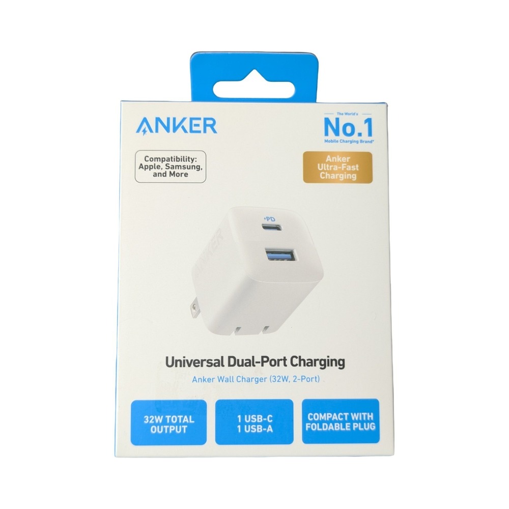Pp5O Anker 32W 2-Port Wall Charger USB-C + USB-A Fast PD Quick Charge White 323